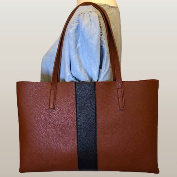 VINCE CAMUTO Tumbled Brown Vegan Leather With Black Stripe Tote Bag Carryall - Picture 6 of 17